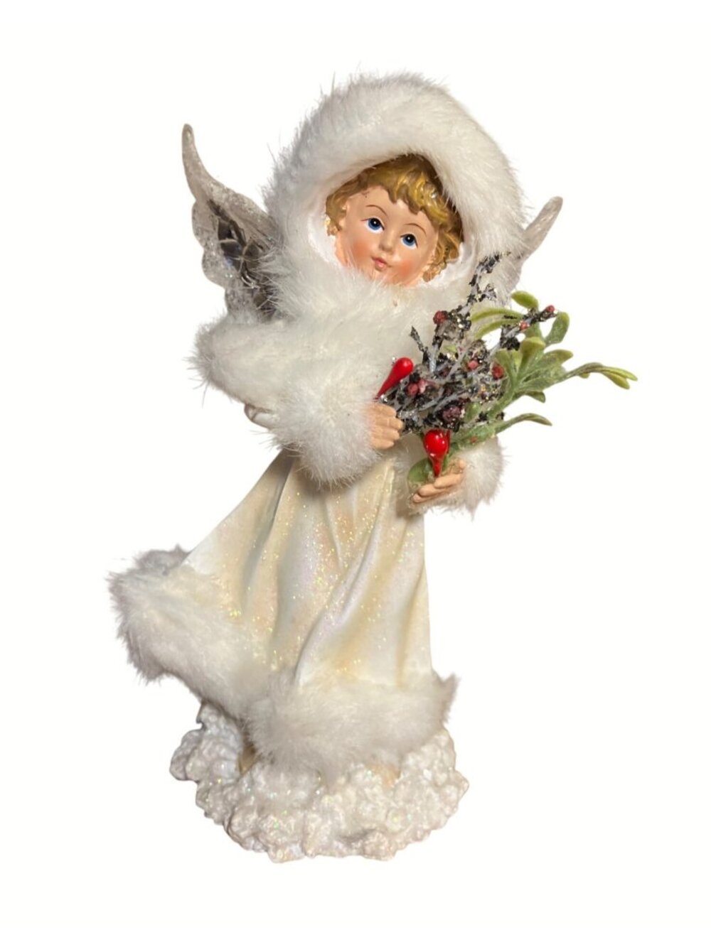 Angel Figurine Fur Trimmed Hood and Glittered Gown Holding Red Berry Bouquet